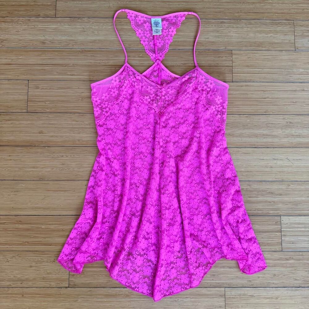 In Bloom by Jonquil Hot Pink Lace Chemise Medium Racerback Slip Lingerie